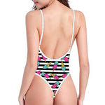 Black Striped Ice Cream Pattern Print One Piece High Cut Swimsuit