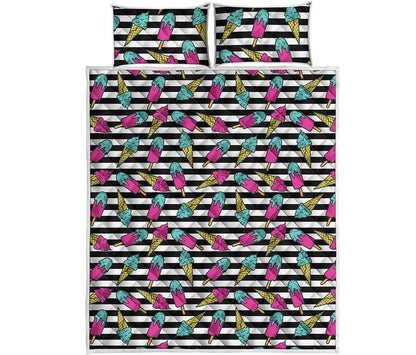 Black Striped Ice Cream Pattern Print Quilt Bed Set