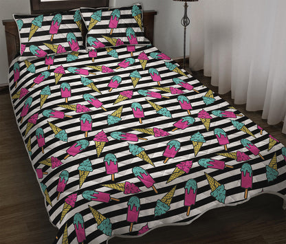 Black Striped Ice Cream Pattern Print Quilt Bed Set