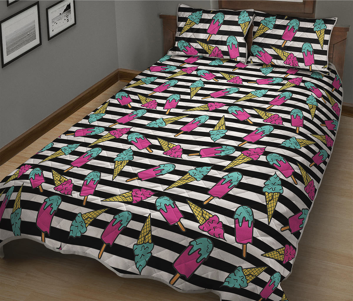 Black Striped Ice Cream Pattern Print Quilt Bed Set