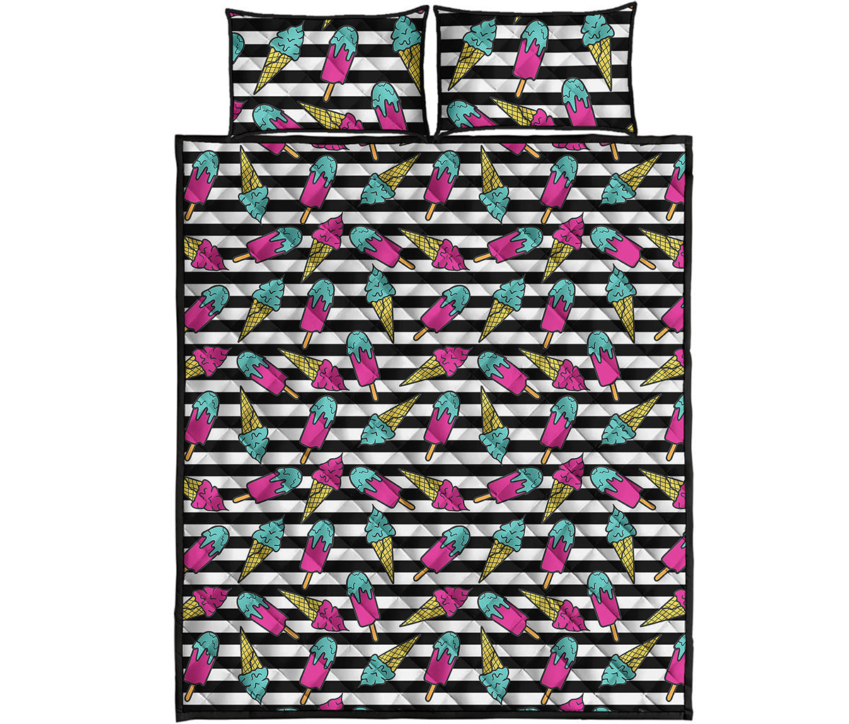 Black Striped Ice Cream Pattern Print Quilt Bed Set