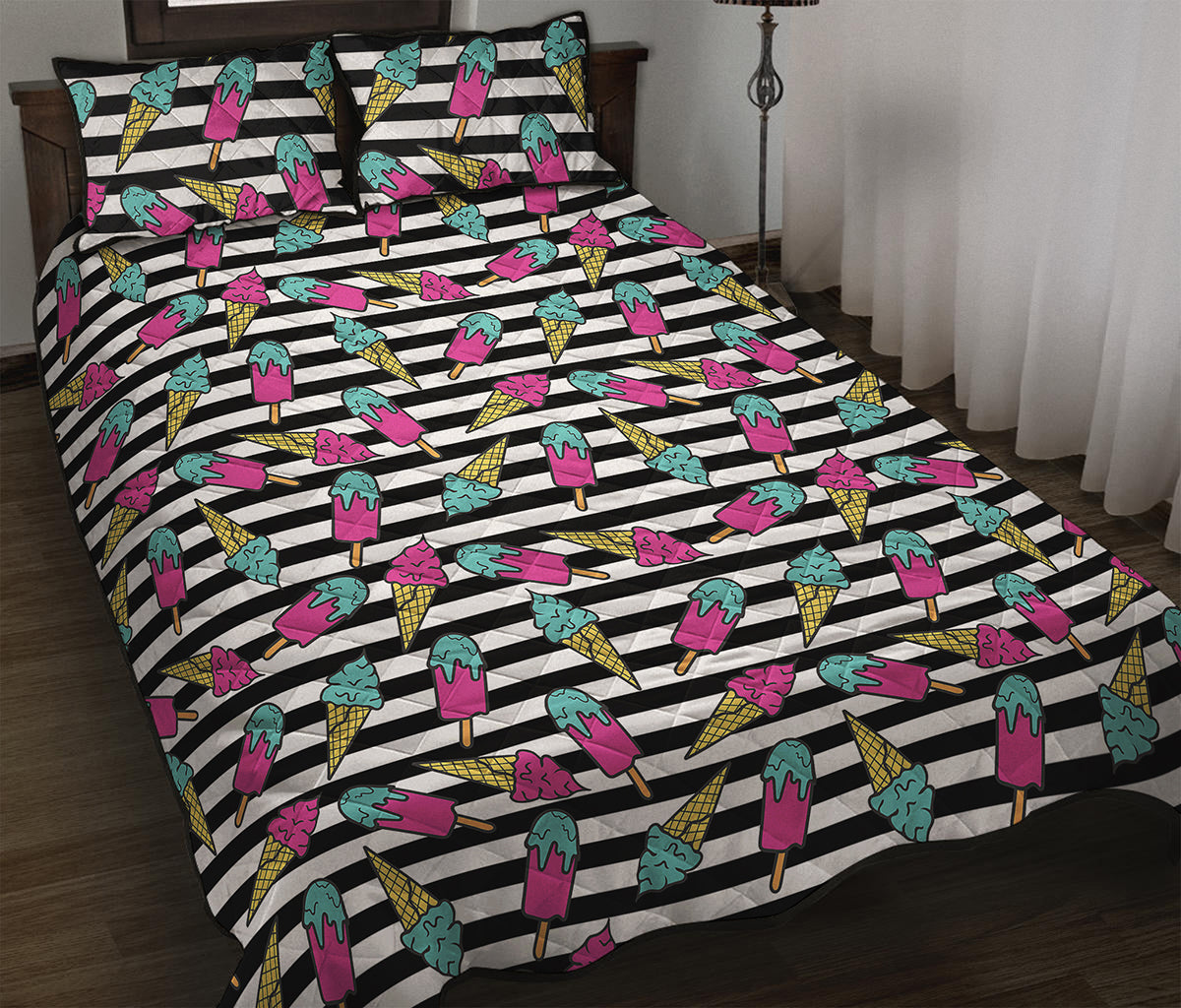 Black Striped Ice Cream Pattern Print Quilt Bed Set