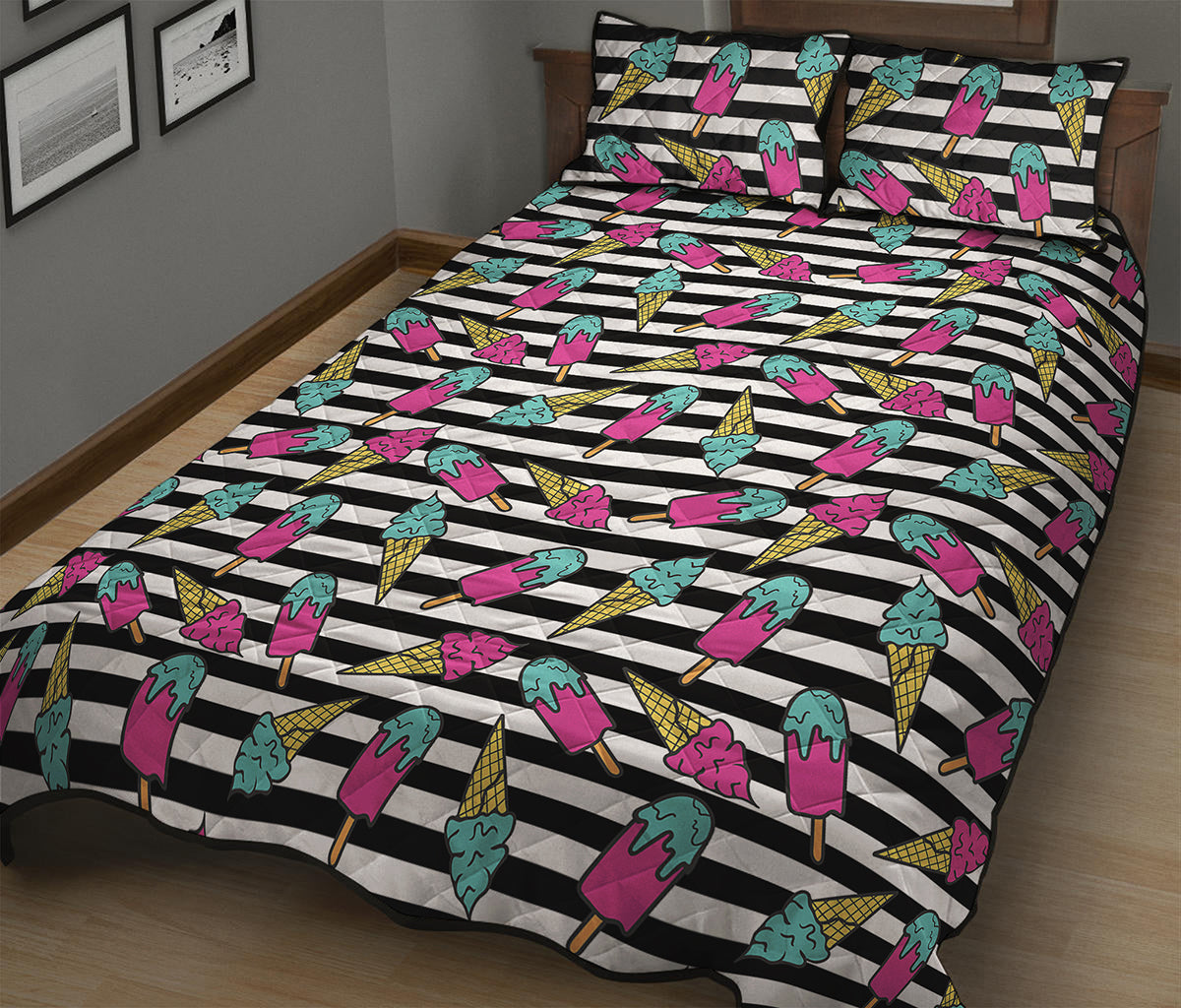 Black Striped Ice Cream Pattern Print Quilt Bed Set