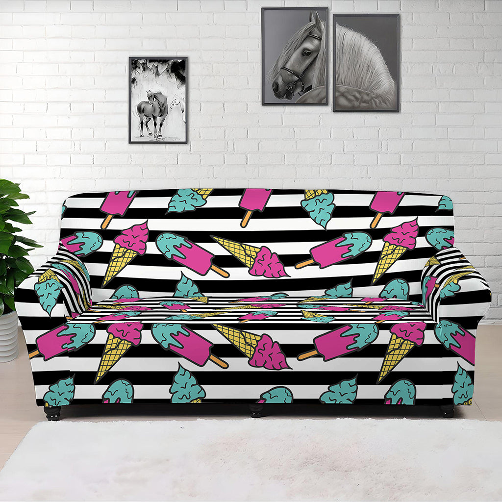 Black Striped Ice Cream Pattern Print Sofa Cover
