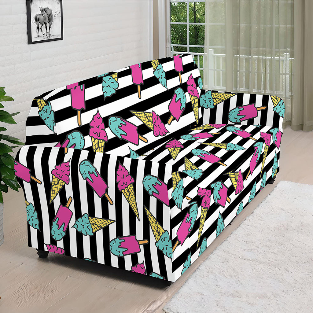 Black Striped Ice Cream Pattern Print Sofa Cover