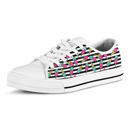 Black Striped Ice Cream Pattern Print White Low Top Shoes