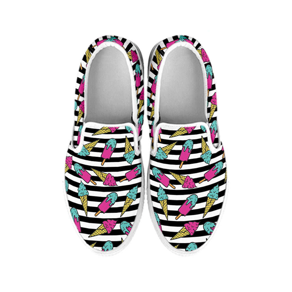 Black Striped Ice Cream Pattern Print White Slip On Shoes