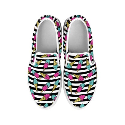 Black Striped Ice Cream Pattern Print White Slip On Shoes