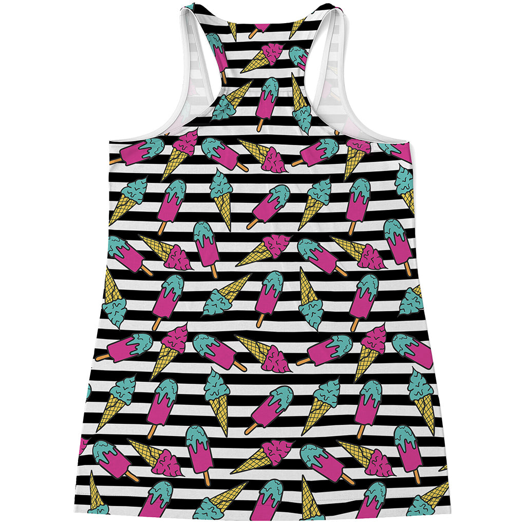Black Striped Ice Cream Pattern Print Women's Racerback Tank Top