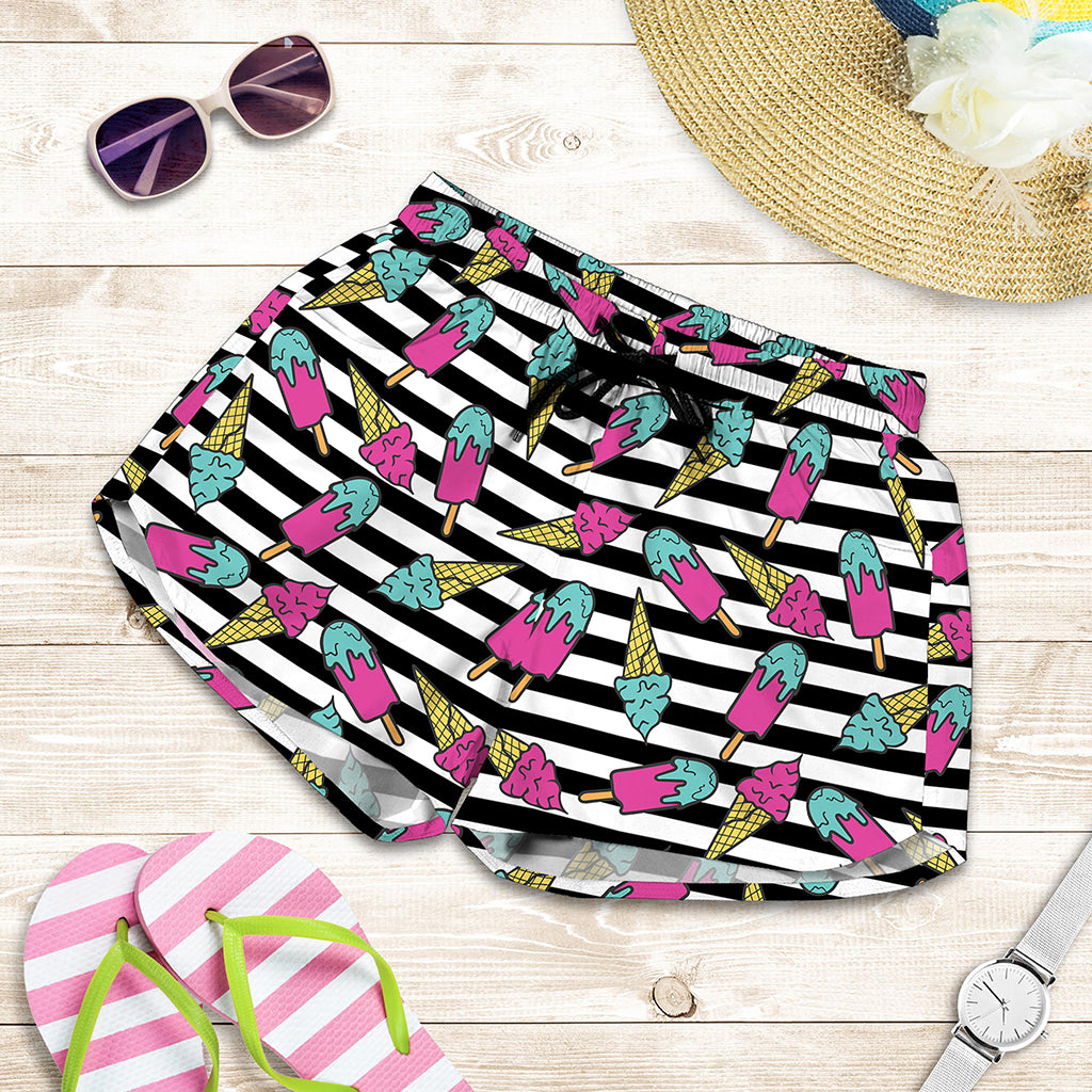 Black Striped Ice Cream Pattern Print Women's Shorts