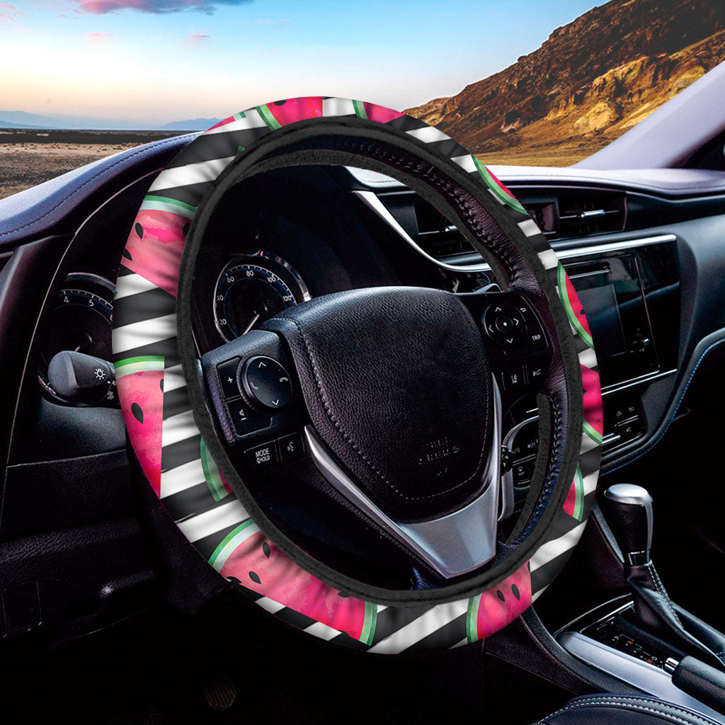 Black Striped Watermelon Pattern Print Car Steering Wheel Cover