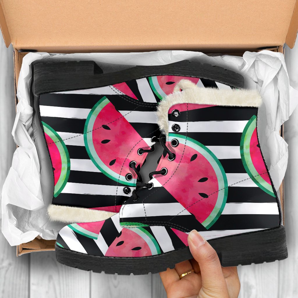 Black Striped Watermelon Pattern Print Comfy Boots GearFrost