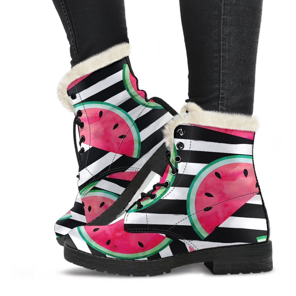 Black Striped Watermelon Pattern Print Comfy Boots GearFrost