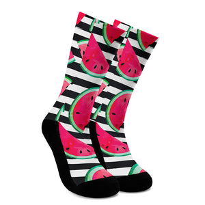 Black Striped Watermelon Pattern Print Crew Socks