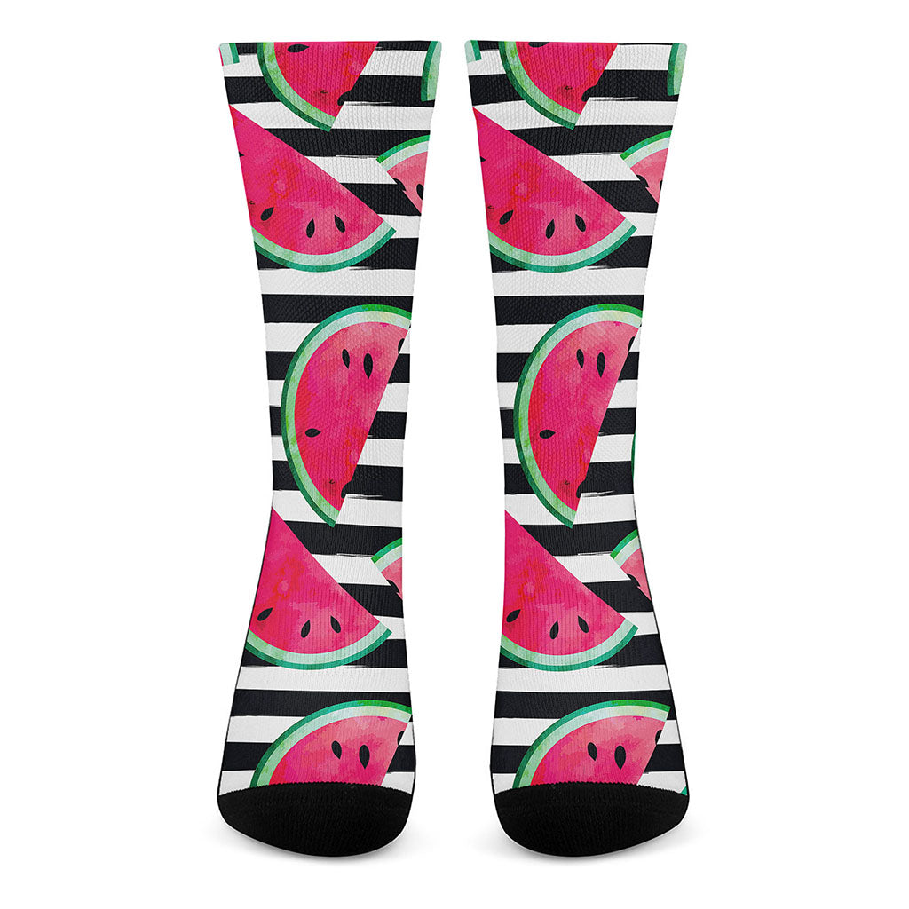 Black Striped Watermelon Pattern Print Crew Socks