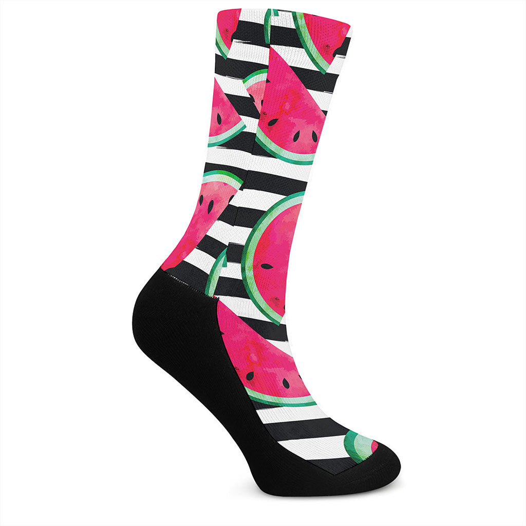 Black Striped Watermelon Pattern Print Crew Socks