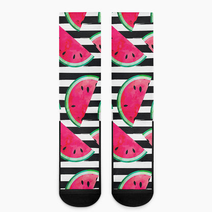 Black Striped Watermelon Pattern Print Crew Socks