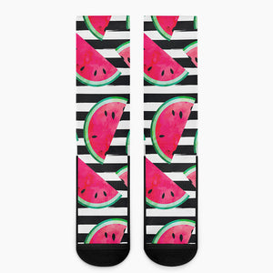 Black Striped Watermelon Pattern Print Crew Socks