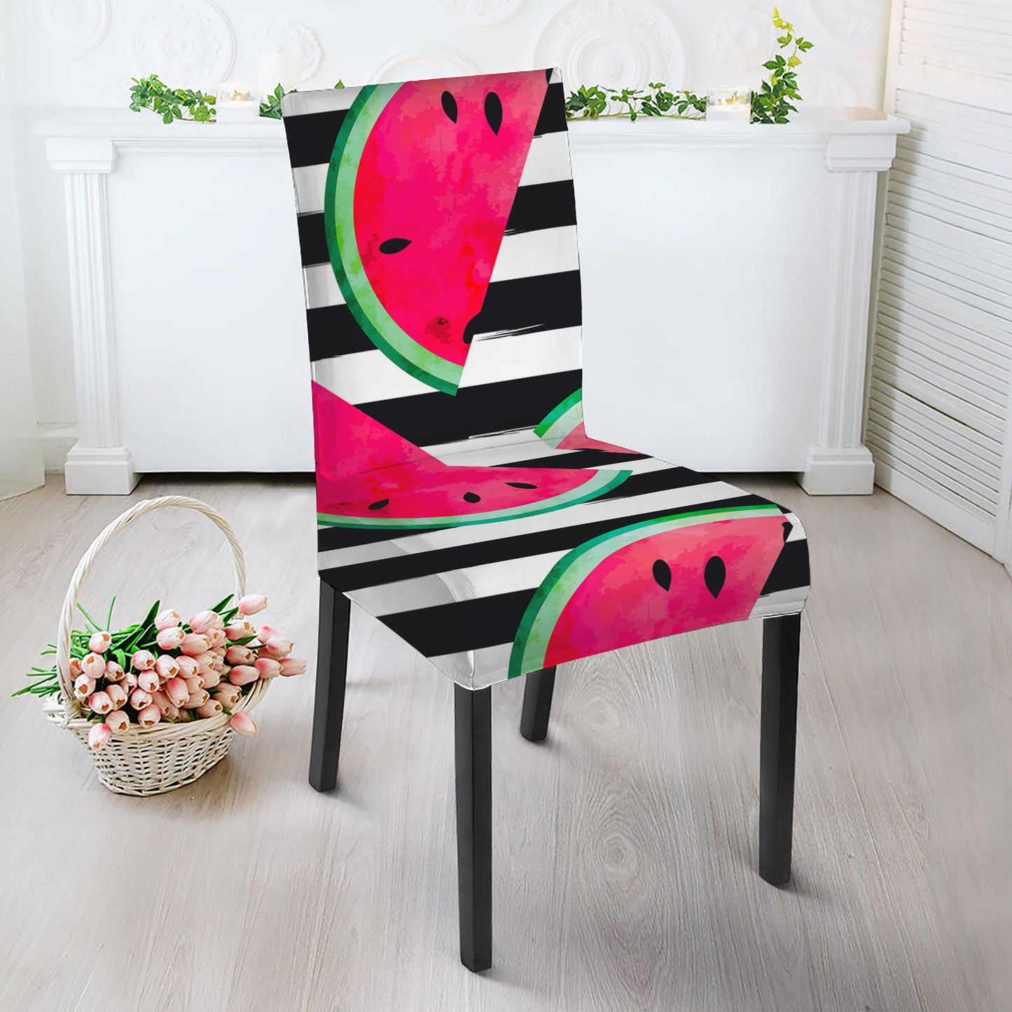 Black Striped Watermelon Pattern Print Dining Chair Slipcover