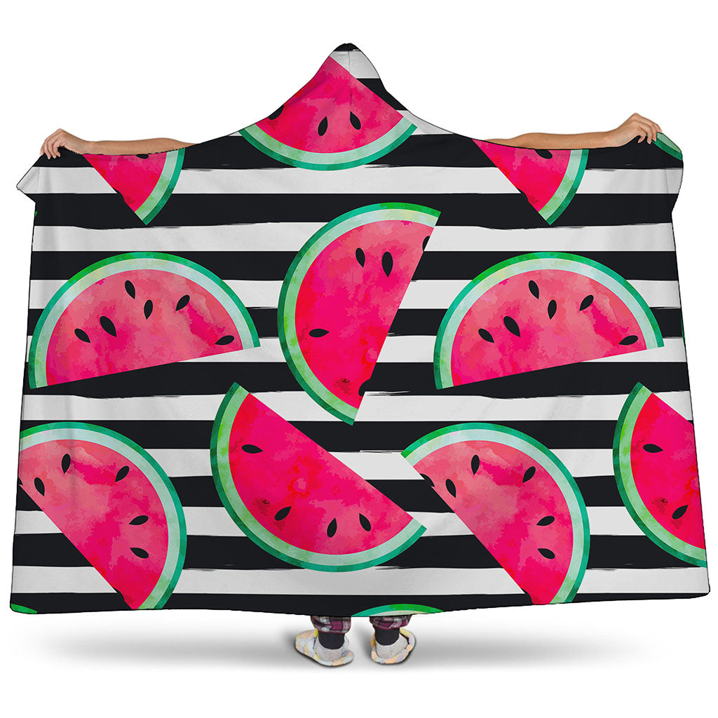 Black Striped Watermelon Pattern Print Hooded Blanket