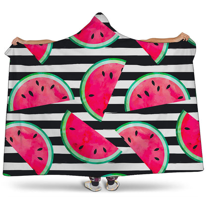Black Striped Watermelon Pattern Print Hooded Blanket