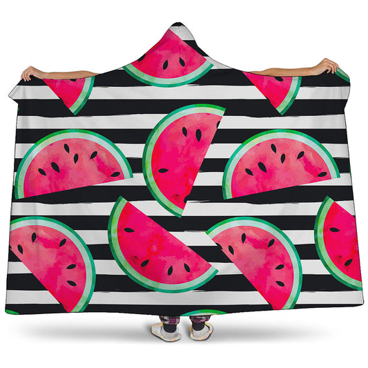 Black Striped Watermelon Pattern Print Hooded Blanket