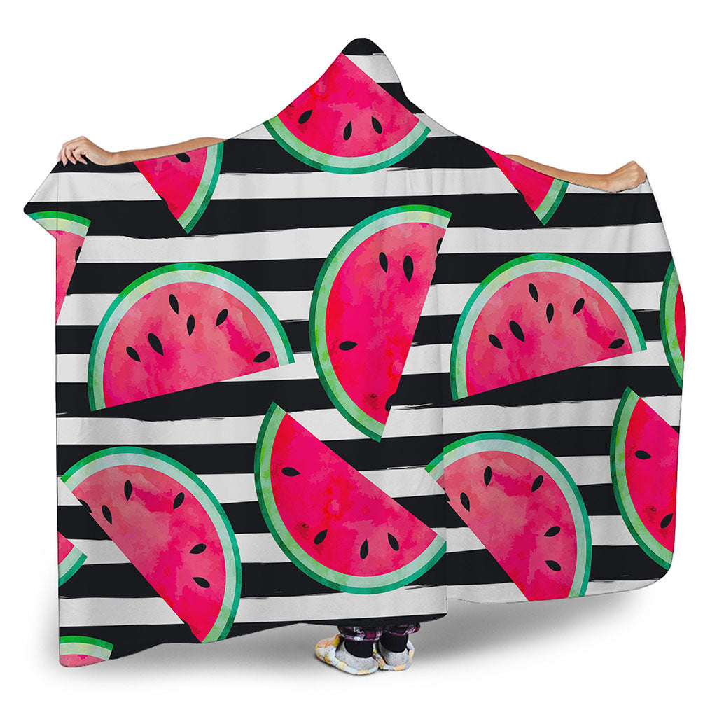Black Striped Watermelon Pattern Print Hooded Blanket