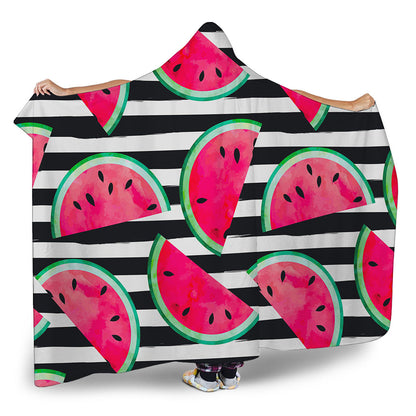 Black Striped Watermelon Pattern Print Hooded Blanket