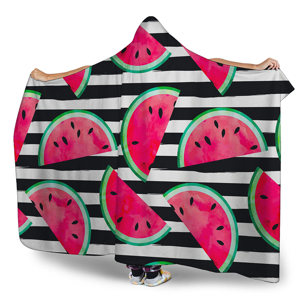 Black Striped Watermelon Pattern Print Hooded Blanket