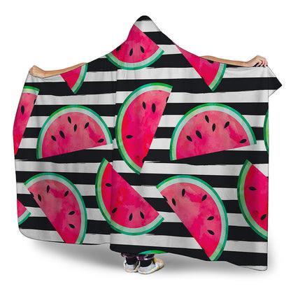 Black Striped Watermelon Pattern Print Hooded Blanket
