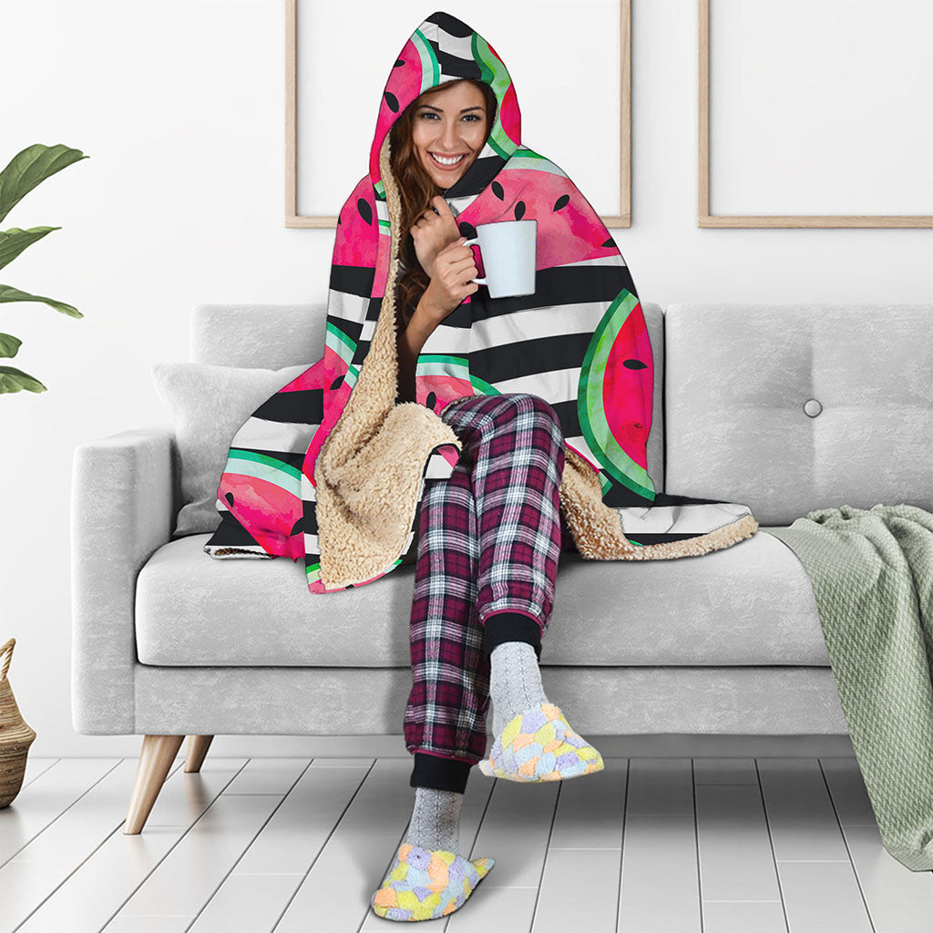 Black Striped Watermelon Pattern Print Hooded Blanket