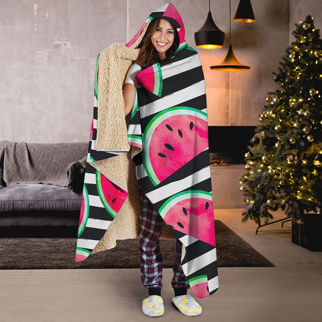 Black Striped Watermelon Pattern Print Hooded Blanket