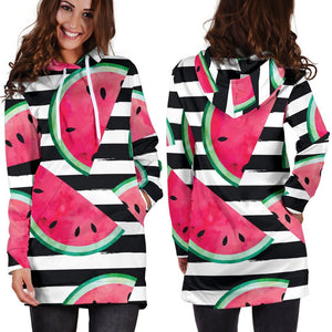 Black Striped Watermelon Pattern Print Hoodie Dress GearFrost