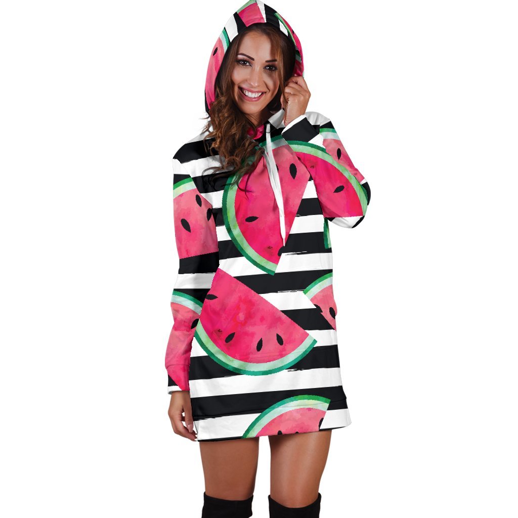 Black Striped Watermelon Pattern Print Hoodie Dress GearFrost