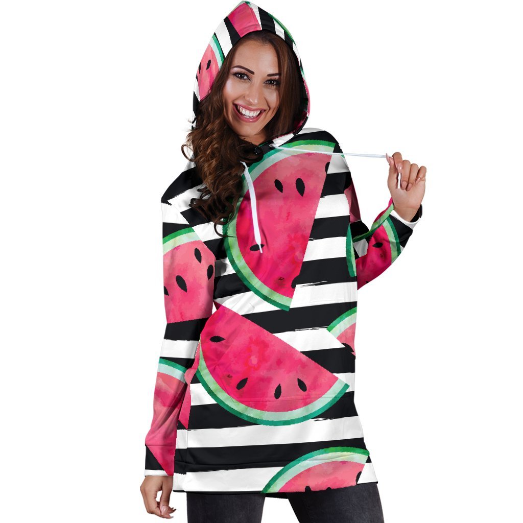 Black Striped Watermelon Pattern Print Hoodie Dress GearFrost