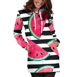 Black Striped Watermelon Pattern Print Hoodie Dress GearFrost