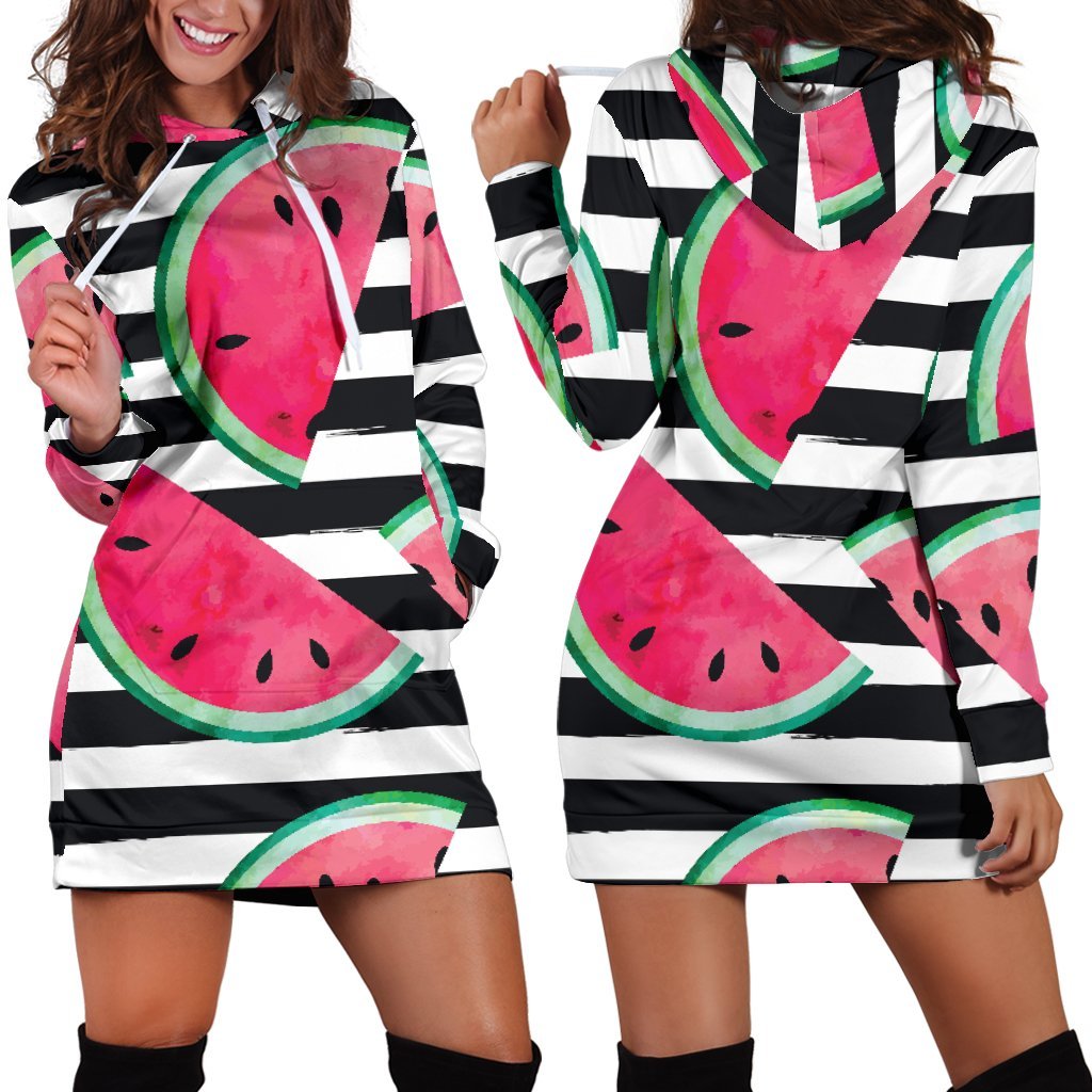 Black Striped Watermelon Pattern Print Hoodie Dress GearFrost