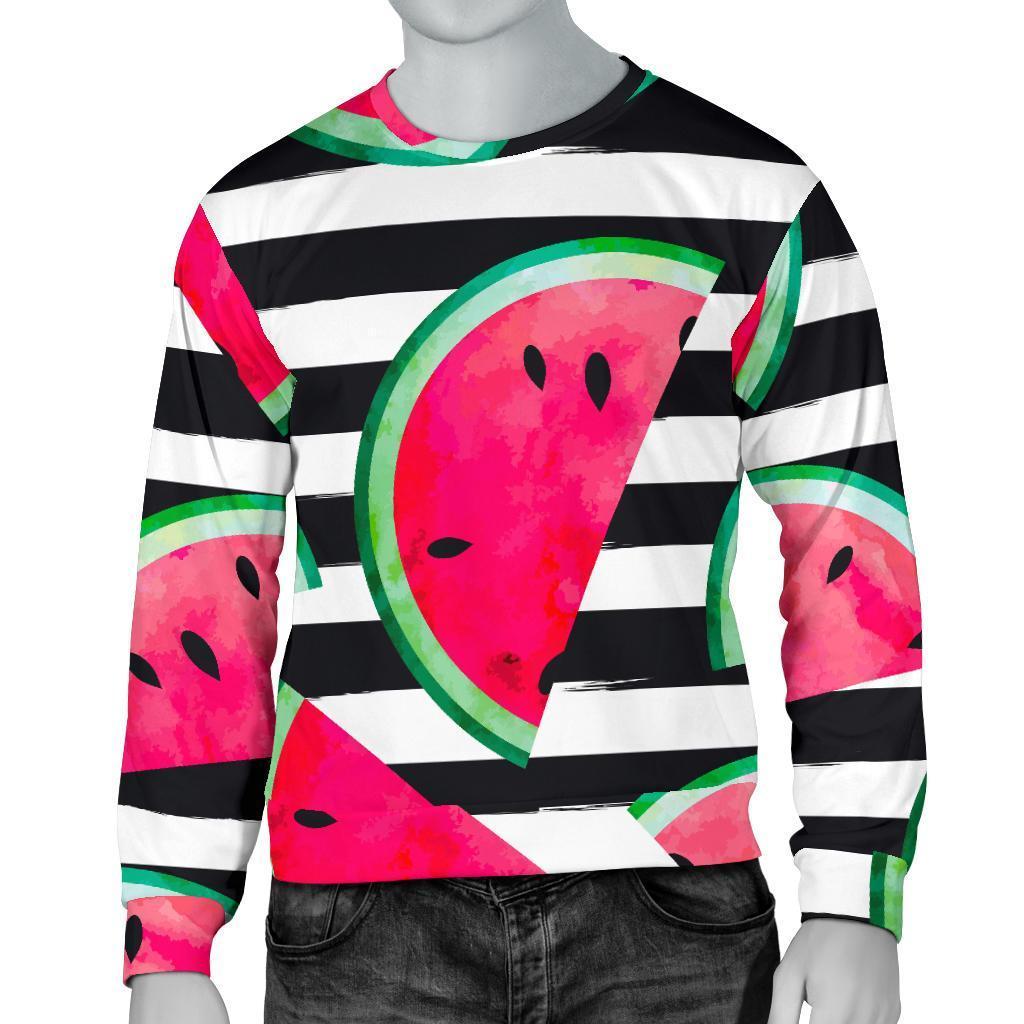 Black Striped Watermelon Pattern Print Men's Crewneck Sweatshirt GearFrost