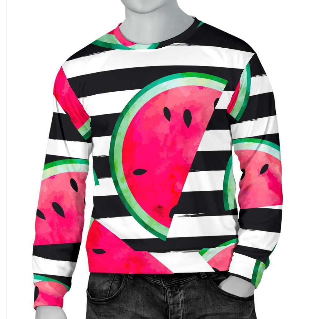 Black Striped Watermelon Pattern Print Men's Crewneck Sweatshirt GearFrost
