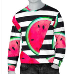 Black Striped Watermelon Pattern Print Men's Crewneck Sweatshirt GearFrost