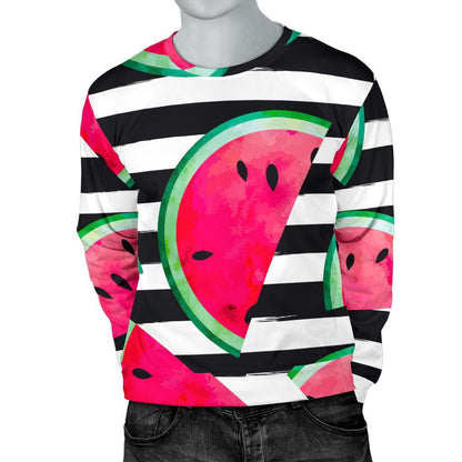 Black Striped Watermelon Pattern Print Men's Crewneck Sweatshirt GearFrost