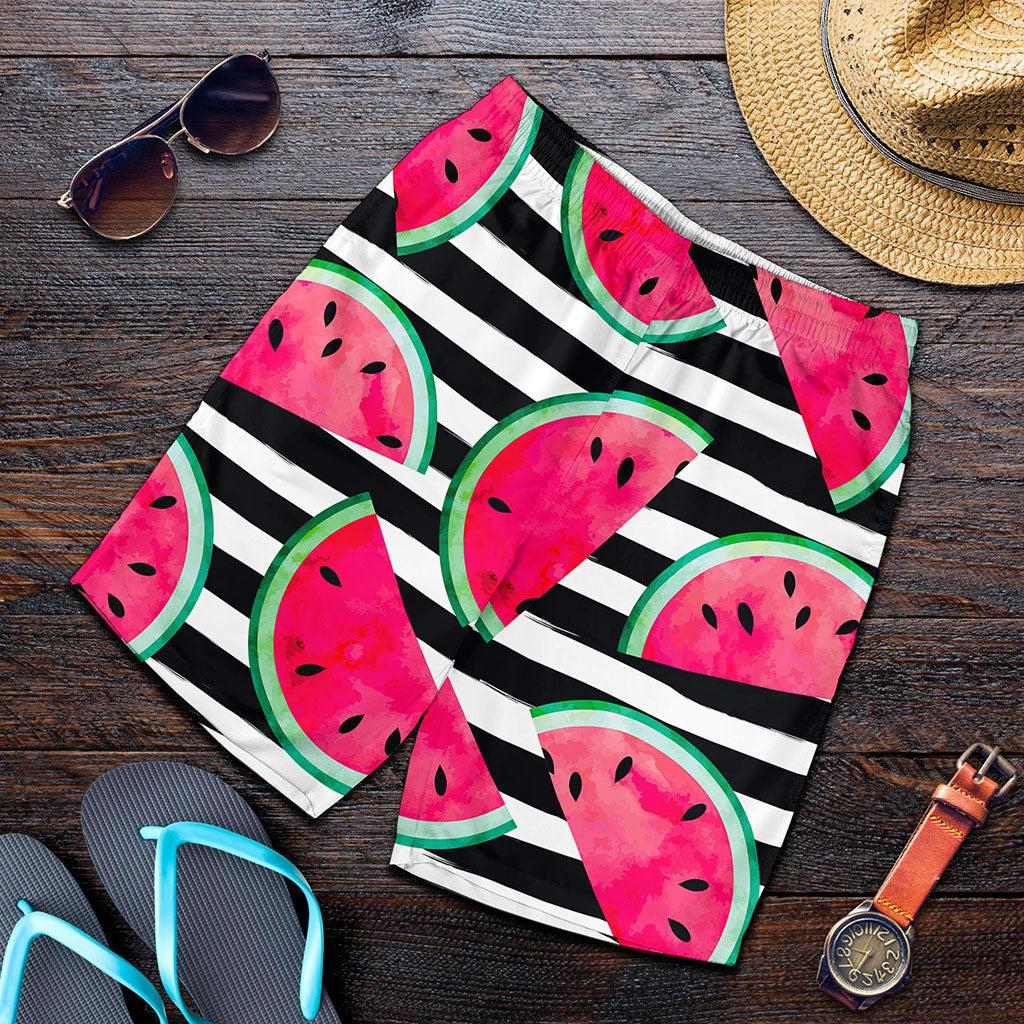 Black Striped Watermelon Pattern Print Men's Shorts