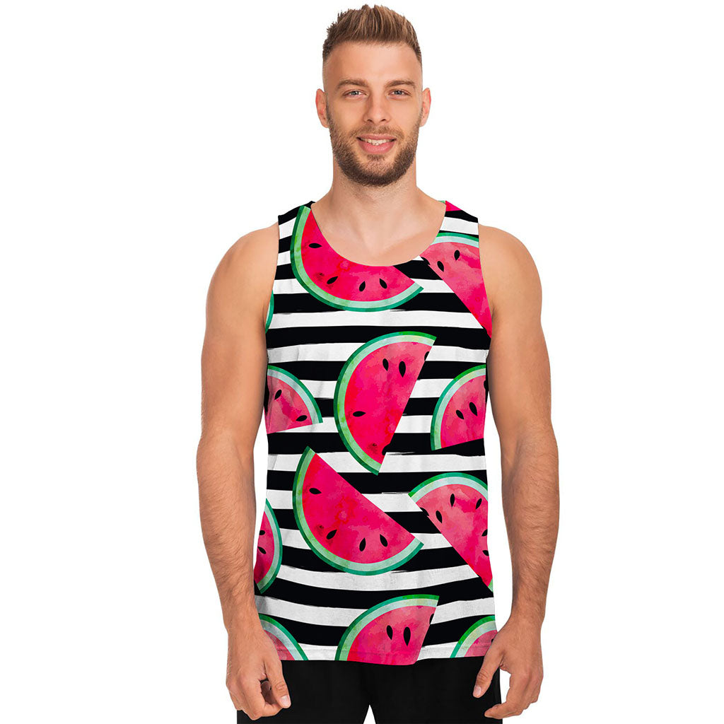 Black Striped Watermelon Pattern Print Men's Tank Top