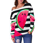 Black Striped Watermelon Pattern Print Off Shoulder Sweatshirt GearFrost