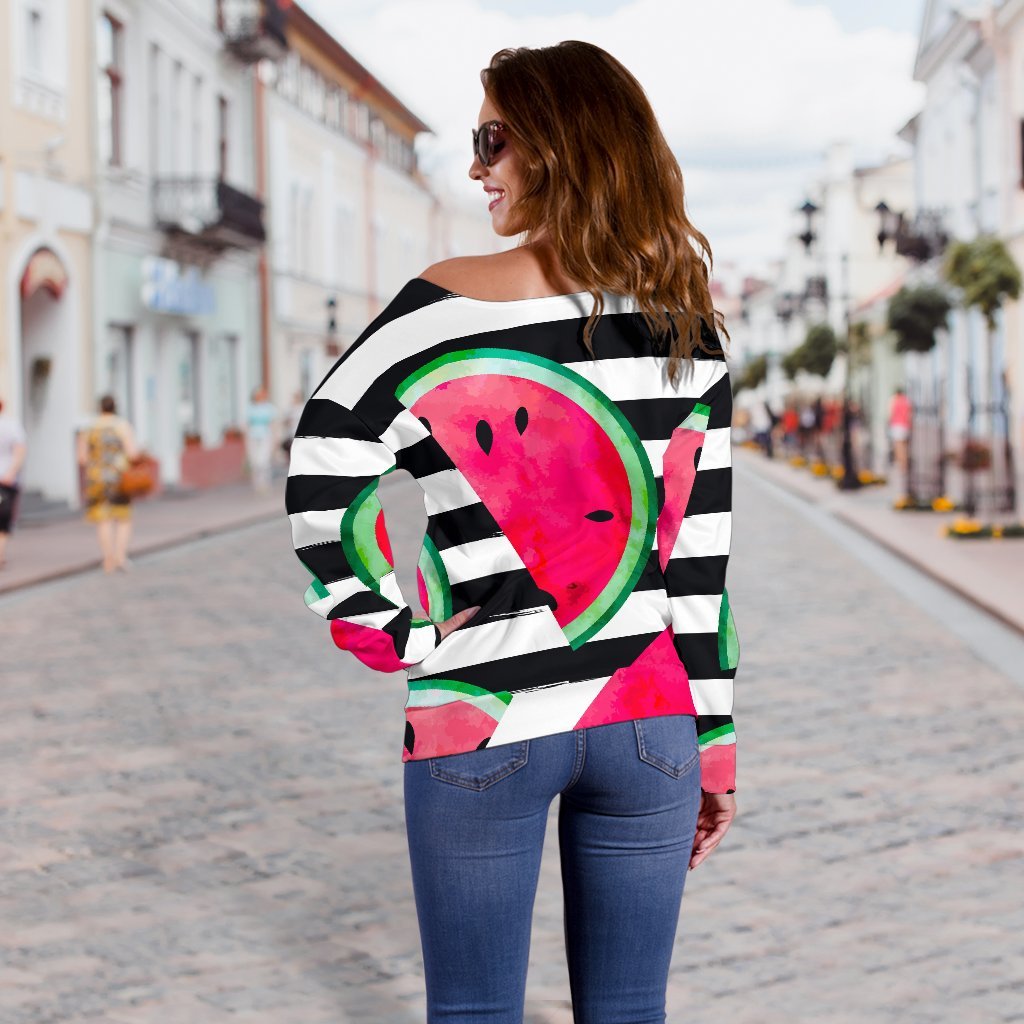 Black Striped Watermelon Pattern Print Off Shoulder Sweatshirt GearFrost