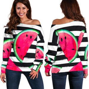 Black Striped Watermelon Pattern Print Off Shoulder Sweatshirt GearFrost