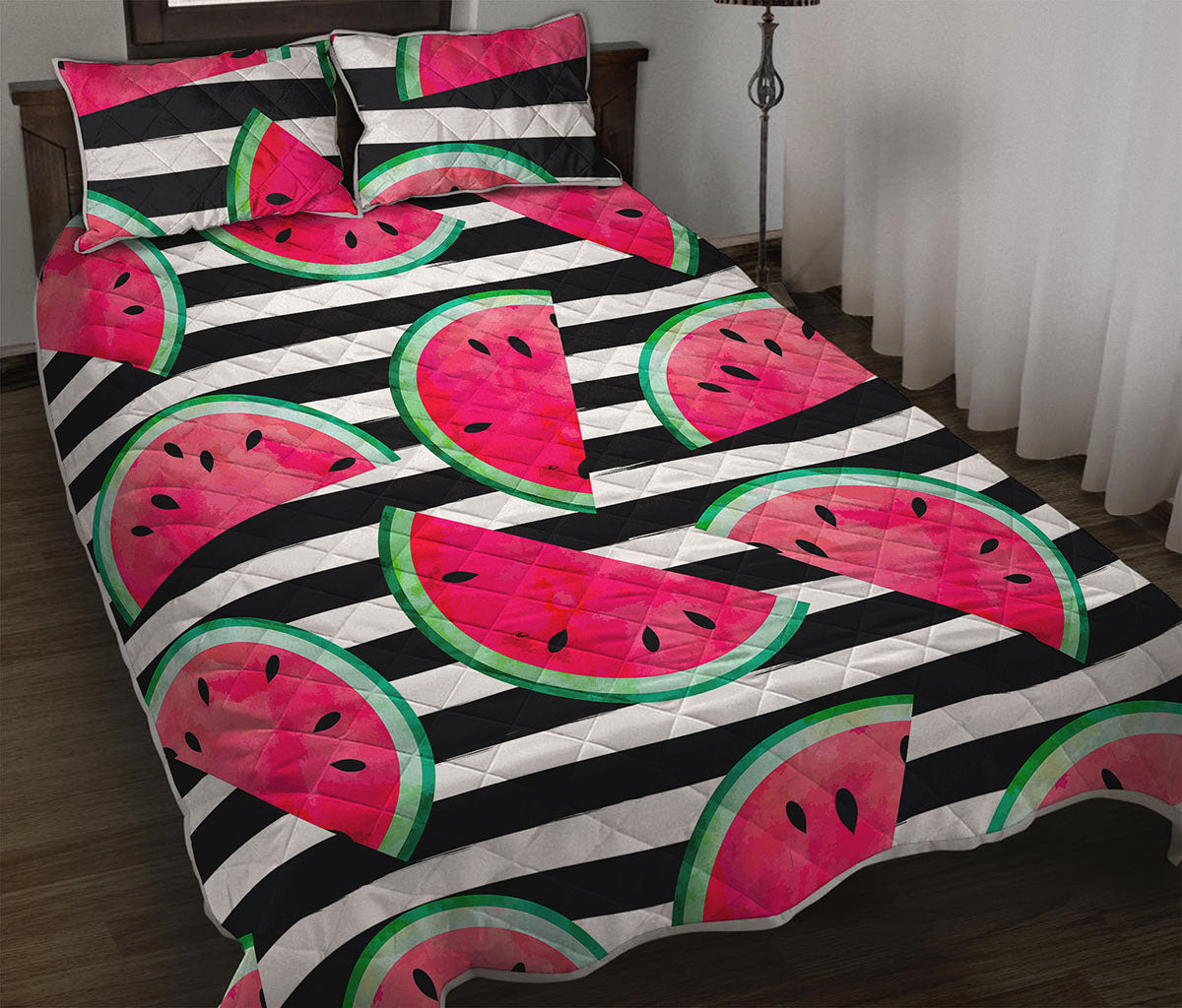 Black Striped Watermelon Pattern Print Quilt Bed Set