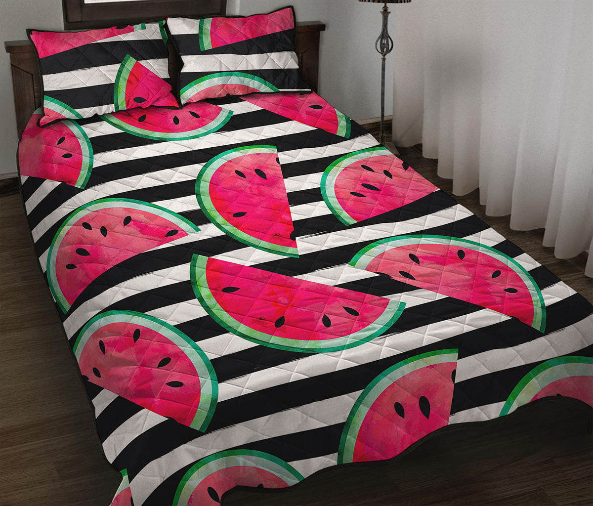 Black Striped Watermelon Pattern Print Quilt Bed Set
