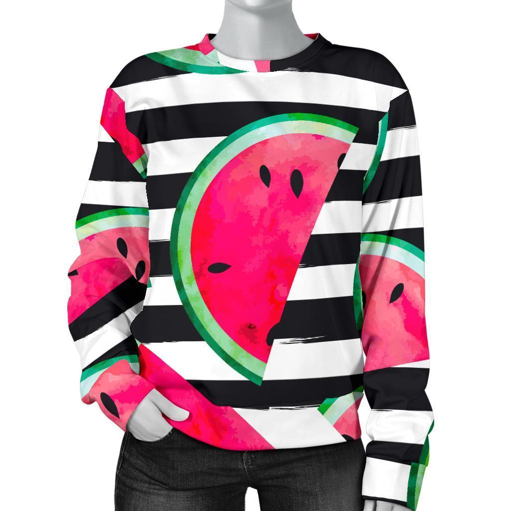 Black Striped Watermelon Pattern Print Women's Crewneck Sweatshirt GearFrost