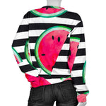 Black Striped Watermelon Pattern Print Women's Crewneck Sweatshirt GearFrost